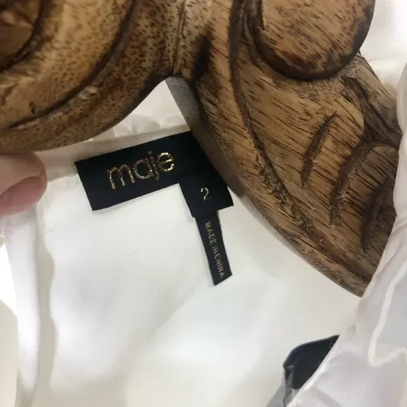 Maje Top Lamou Blouse Bow Back White High Neck Ruffle Pleated Short Sleeve